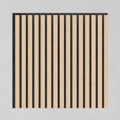 The Artika Sonolok 15.5 ft sound-absorbing wall panel kit features a square design with alternating vertical light wood and black stripes, set against a light gray background.