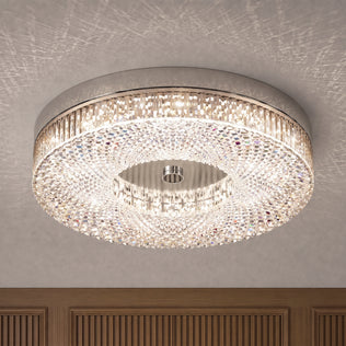 FM Lysara 15 in. LED Fashion Flush Mount Ceiling Light 5 CCT with a round shape and faceted crystal trim.
