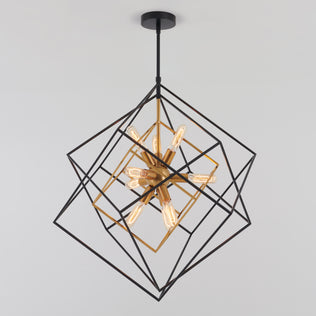 Artika Imperium 9-light chandelier features black and gold frames with exposed bulbs, creating a bold and modern centerpiece.