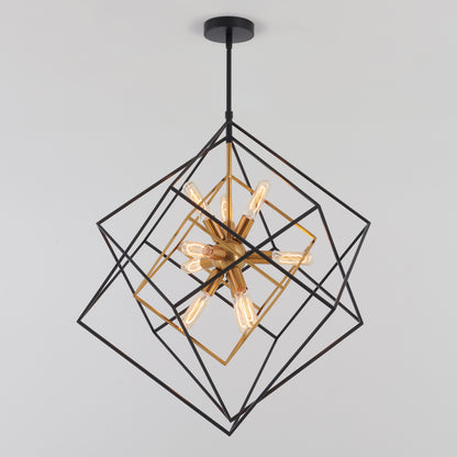 Artika Imperium 9-light chandelier features black and gold frames with exposed bulbs, creating a bold and modern centerpiece.