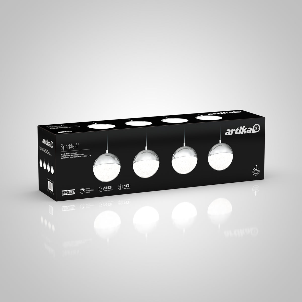 A black box displays the Artika logo and images of the Sparkle 4-light LED pendant, featuring four crystal-like round LED lights set against a gray gradient background.