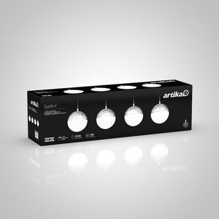 A black box displays the Artika logo and images of the Sparkle 4-light LED pendant, featuring four crystal-like round LED lights set against a gray gradient background.
