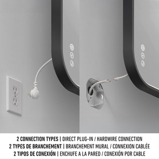 Split image shows two ways to connect the Artika Royce Dimmable LED Mirror: plug into a wall outlet or use exposed wires for hardwire installation. Text highlights its 3 CCT, built-in defogger, and both horizontal and vertical mount options.