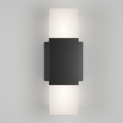 The Artika Lennox indoor-outdoor LED wall light 3 CCT features a sleek black rectangular design with soft white light glowing from the top and bottom edges, displayed against a light gray background.