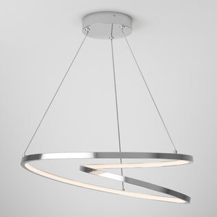 The Salto LED pendant light by Artika features a chrome finish and spiral ring design, suspended by three thin wires from a round mount, offering an integrated LED that emits a soft white glow.
