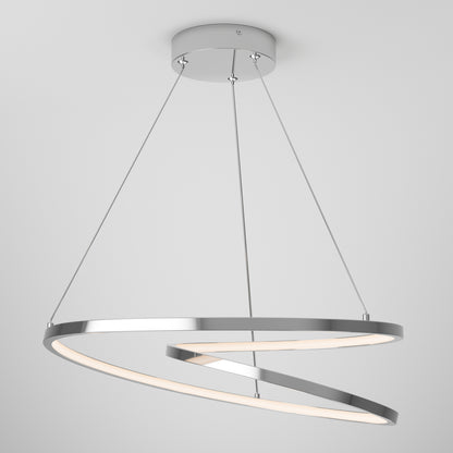 The Salto LED pendant light by Artika features a chrome finish and spiral ring design, suspended by three thin wires from a round mount, offering an integrated LED that emits a soft white glow.
