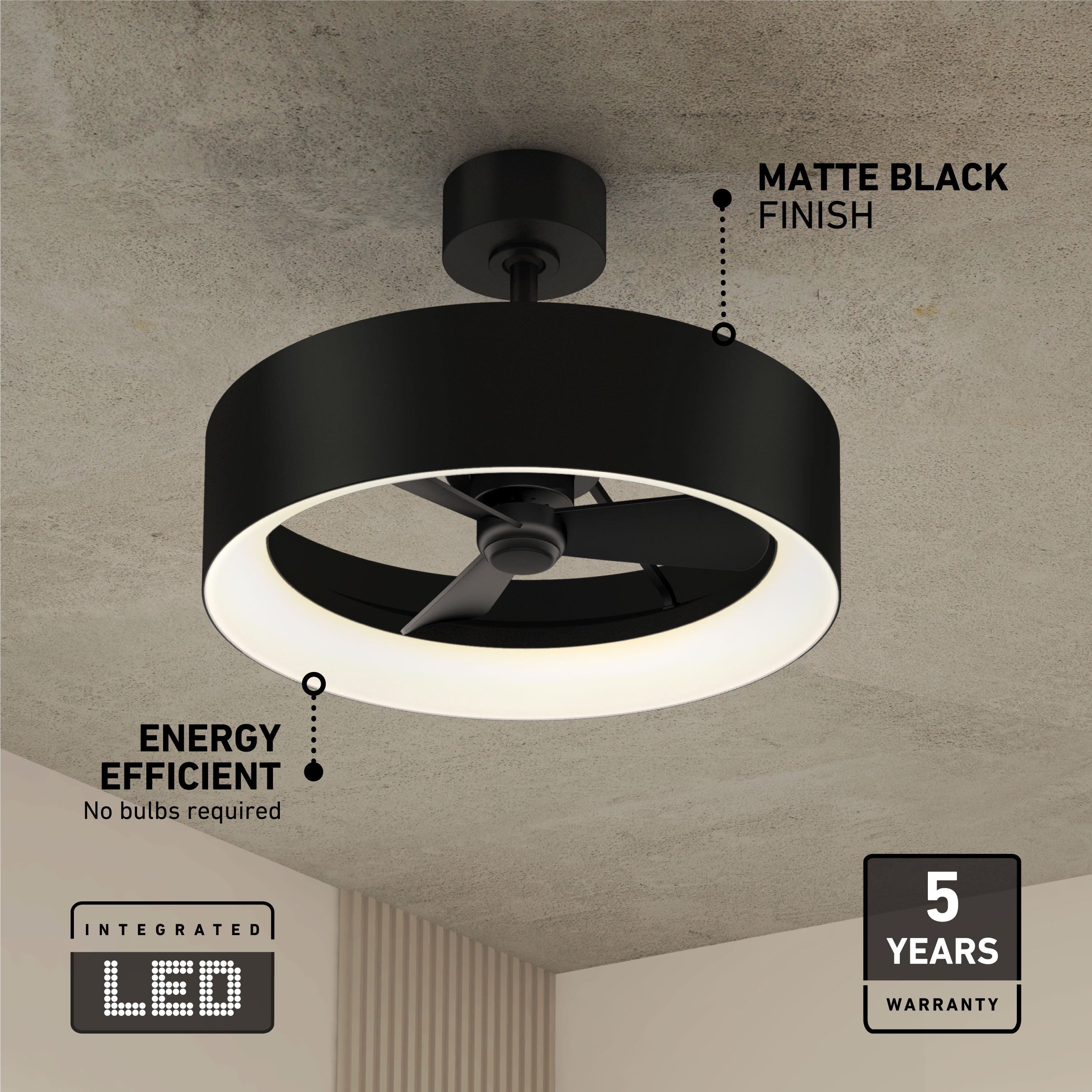 Aiden 24 in. LED ceiling fan 3 speeds - in Matte Black | Artika