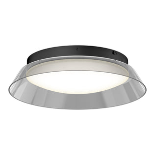 The Artika Arthur modern LED flush mount light 5 CCT features a black circular base, frosted inner diffuser, and clear angled outer shade, providing a soft white glow with customizable color temperatures.