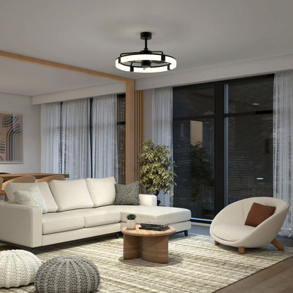 A modern living room features a white sectional sofa, round wooden coffee table, accent chair, large windows with sheer curtains, a potted plant, abstract wall art, and the Artika Sunnyvale 28 in. LED modern ceiling fan with remote control.