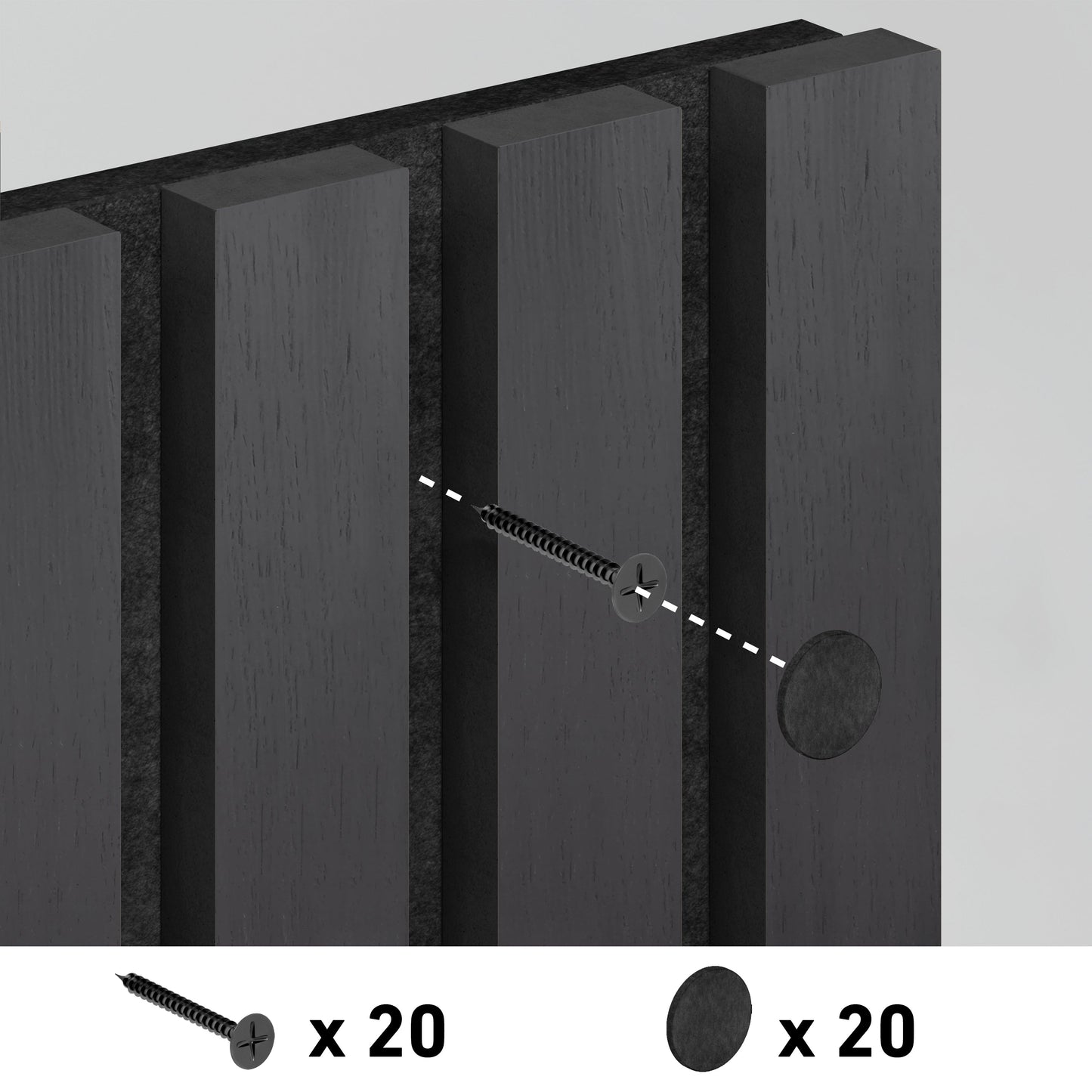 Illustration of a screw being driven into a Sonolok 15.5 ft sound-absorbing wall panel by Artika-CAN-dev, with a round cap to cover the screw; icons show 20 screws and 20 caps included in the kit.