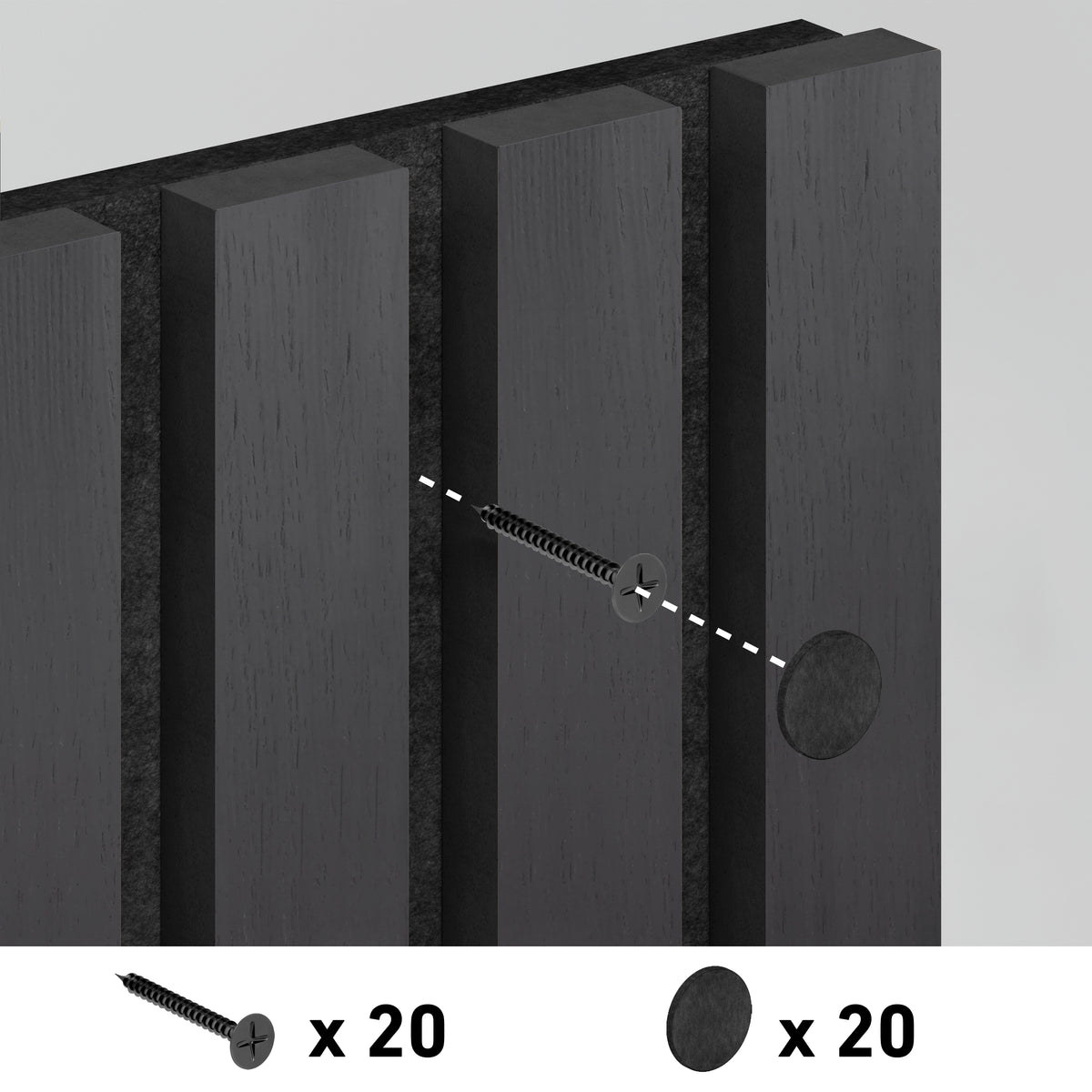 Close-up illustration showing a screw being inserted into a dark wooden panel, with a wooden plug nearby. Below, icons indicate 20 screws and 20 wooden plugs are included.