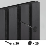 Close-up illustration showing a screw being inserted into a dark wooden panel, with a wooden plug nearby. Below, icons indicate 20 screws and 20 wooden plugs are included.