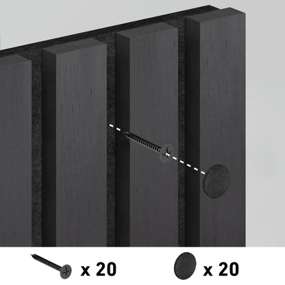 Illustration of a screw being inserted into the Sonolok 15.5 ft sound-absorbing wall panel kit by Artika, with 20 screws and 20 round caps shown below to indicate included hardware and assembly steps.