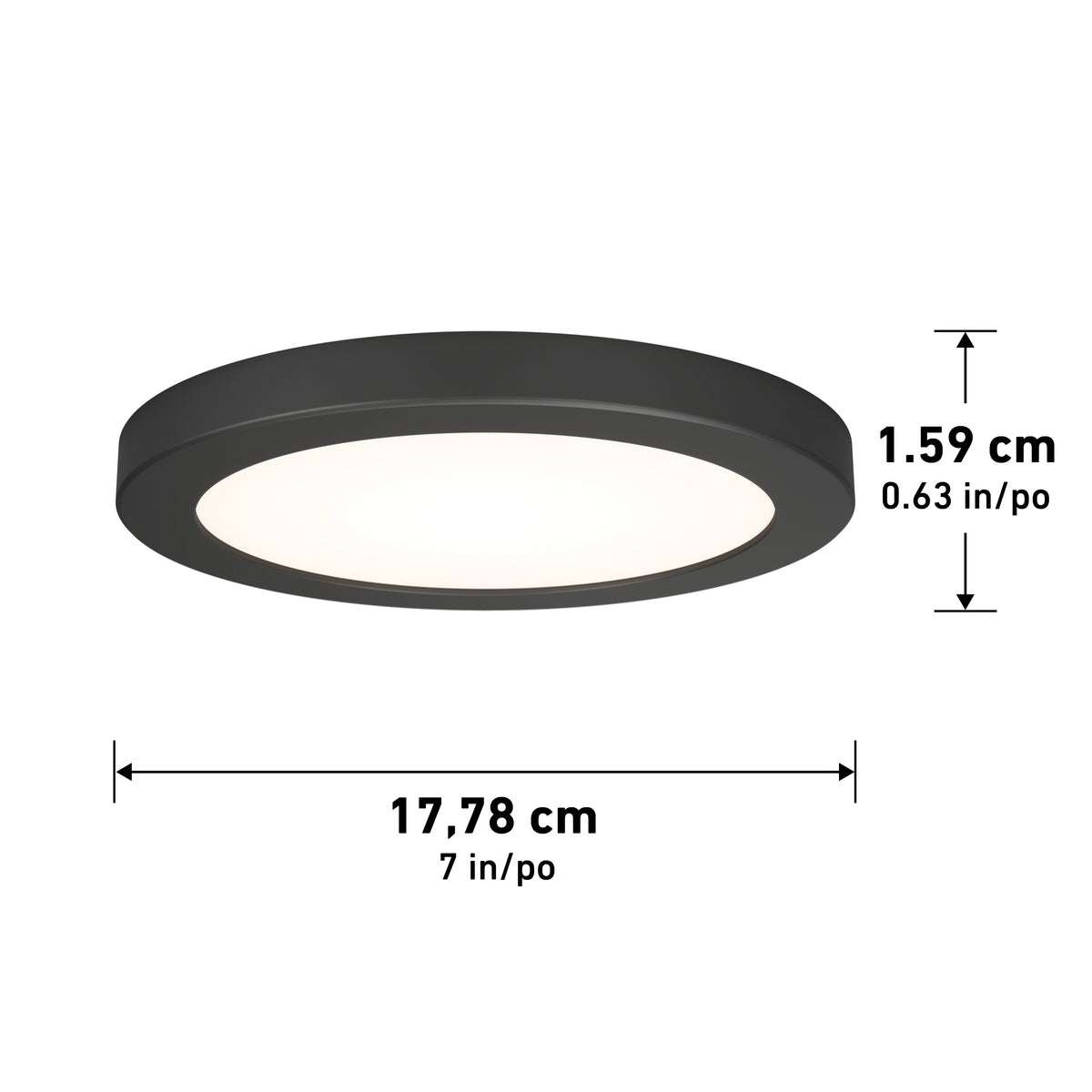 Round black LED ceiling light fixture with a white illuminated center. The fixture measures 17.78 cm (7 inches) in diameter and 1.59 cm (0.63 inches) in thickness, with measurement arrows shown.