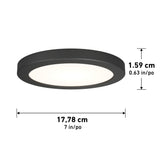 Round black LED ceiling light fixture with a white illuminated center. The fixture measures 17.78 cm (7 inches) in diameter and 1.59 cm (0.63 inches) in thickness, with measurement arrows shown.