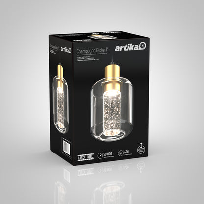 A black box displays the Artika Champagne Globe modern LED pendant light with a gold finish and bubble glass shade, featuring a 5.2W LED, 400 lumens output, and a 50,000-hour lifespan.