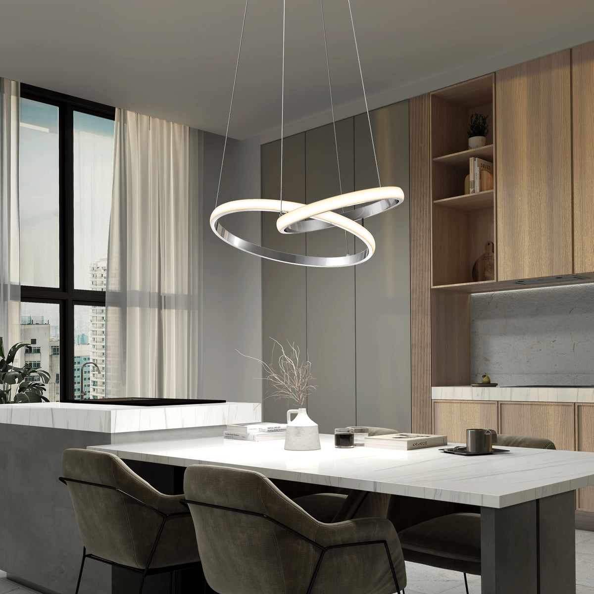 Modern dining with a marble table, velvet chairs, and Artika’s Mora 28″ LED Pendant above built-in wood cabinets.