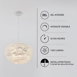 Plume LED pendant light with white feathers, integrated dimmable LED, 50,000 hours, 1000 lumens, and easy installation hook.