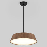 The Artika Dunham LED Pendant 5 CCT features a round wood-finish shade and black rod, suspended from the ceiling and casting a warm glow against a light gray background.