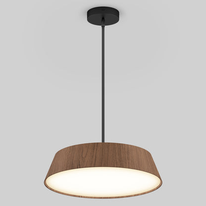 The Artika Dunham LED Pendant 5 CCT features a round wood-finish shade and black rod, suspended from the ceiling and casting a warm glow against a light gray background.