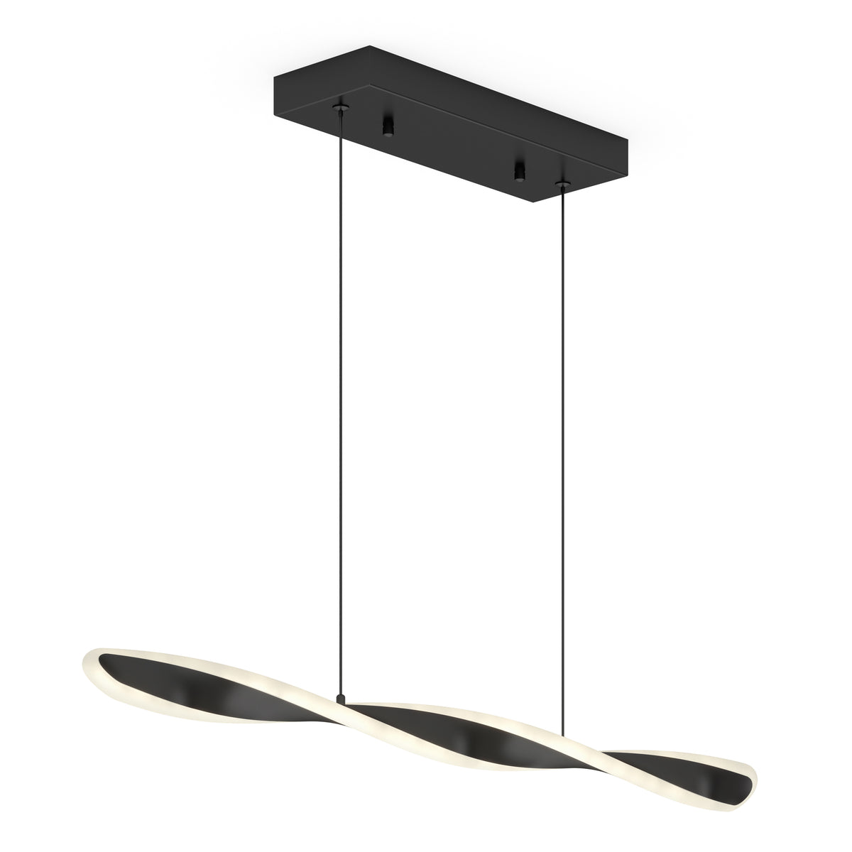 The Finley Linear LED pendant light 3 CCT by Artika features a modern black and white twisted wave design, suspended from a rectangular black ceiling mount with two thin cables.