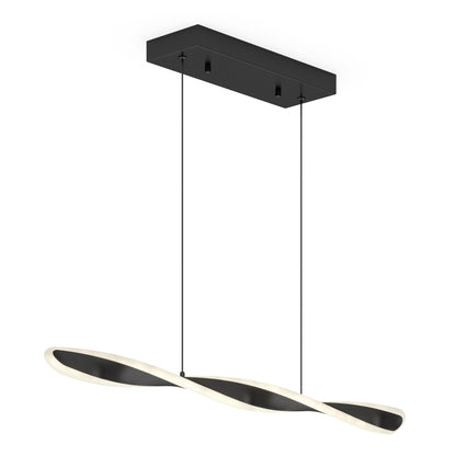 The Finley Linear LED pendant light 3 CCT by Artika features a modern black and white twisted wave design, suspended from a rectangular black ceiling mount with two thin cables.