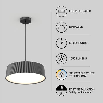 The Artika Groove Drum LED contemporary pendant light features a ribbed black shade, selectable white (3 CCT), is dimmable, uses integrated LEDs with a 50,000-hour lifespan, 1550 lumens output, and offers easy installation with safety hook.