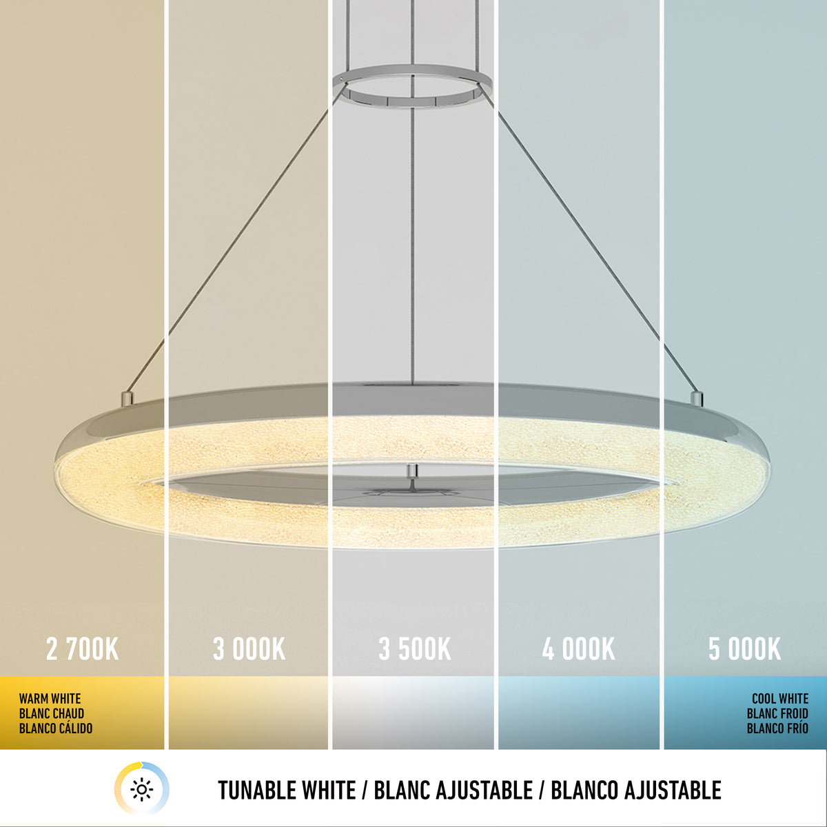 The Artika Famous Optical LED pendant light is shown displaying five color temperatures, from warm white (2,700K) on the left to cool white (5,000K) on the right. Temperature values and labels are visible.