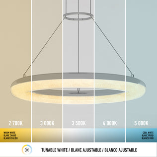 The Artika Famous Optical LED pendant light is shown displaying five color temperatures, from warm white (2,700K) on the left to cool white (5,000K) on the right. Temperature values and labels are visible.