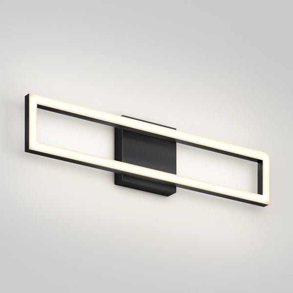 The Artika Dover 27-in Integrated LED 5-CCT Vanity Light Bar features a sleek rectangular black base and an open horizontal LED frame, adding a modern touch to your bathroom while providing a soft glow against white walls.