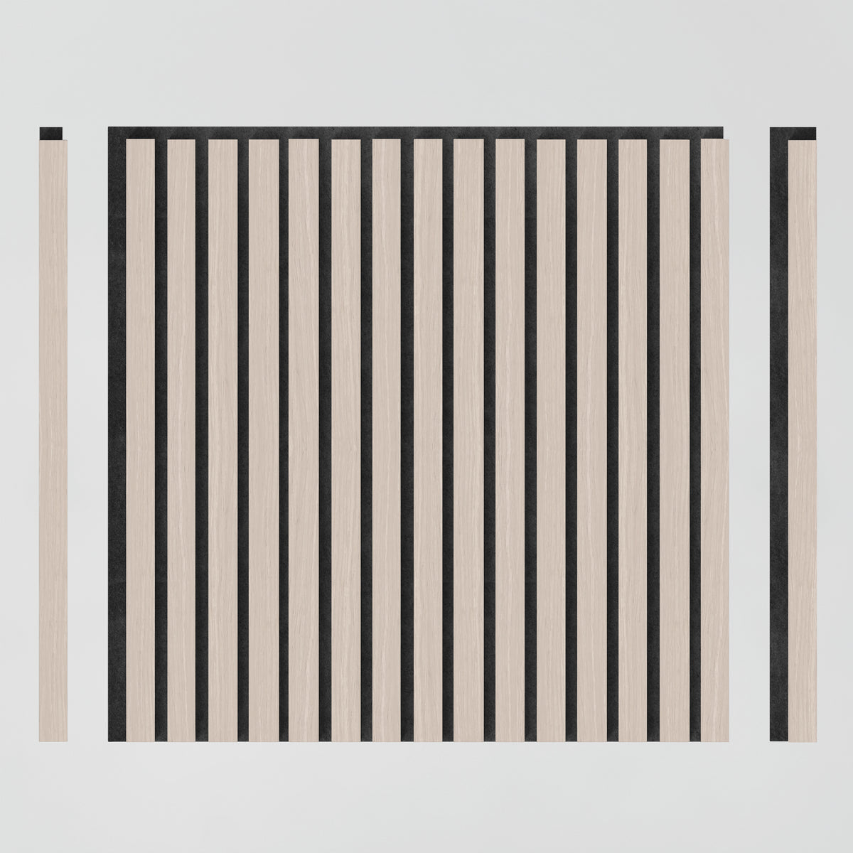 The Artika Sonolok 15.5 ft sound-absorbing wall panel kit (4-pack) features a square panel with alternating vertical black and light wood slats, plus a matching slat on each side, set against a plain light background.