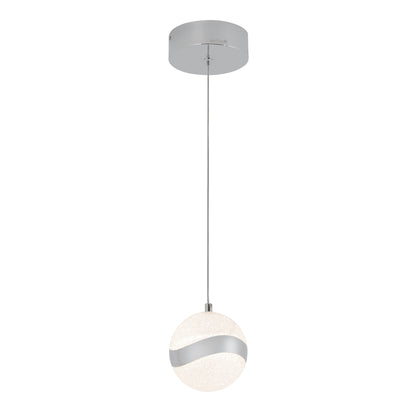 The Artika Wavey LED pendant light features a round frosted white globe with a silver wavy band, suspended from a thin cord and mounted on a circular silver ceiling plate.
