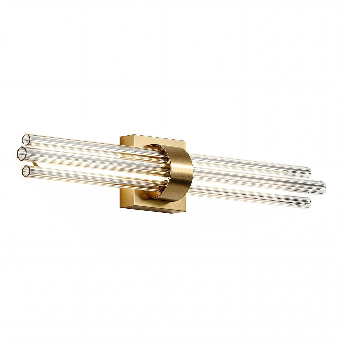 Artika Dorado 27 in. LED 5CCT wall vanity: brass base, four glass rods—modern style for chic bathroom lighting.