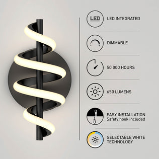 The Chorus LED Wall Light by Artika is displayed alongside icons and text showing its features: integrated LED, dimmable, 50,000-hour lifespan, 650 lumens, easy installation, and selectable white technology.
