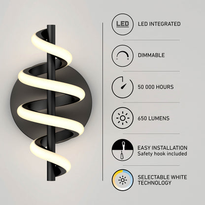 The Chorus LED Wall Light by Artika is displayed alongside icons and text showing its features: integrated LED, dimmable, 50,000-hour lifespan, 650 lumens, easy installation, and selectable white technology.