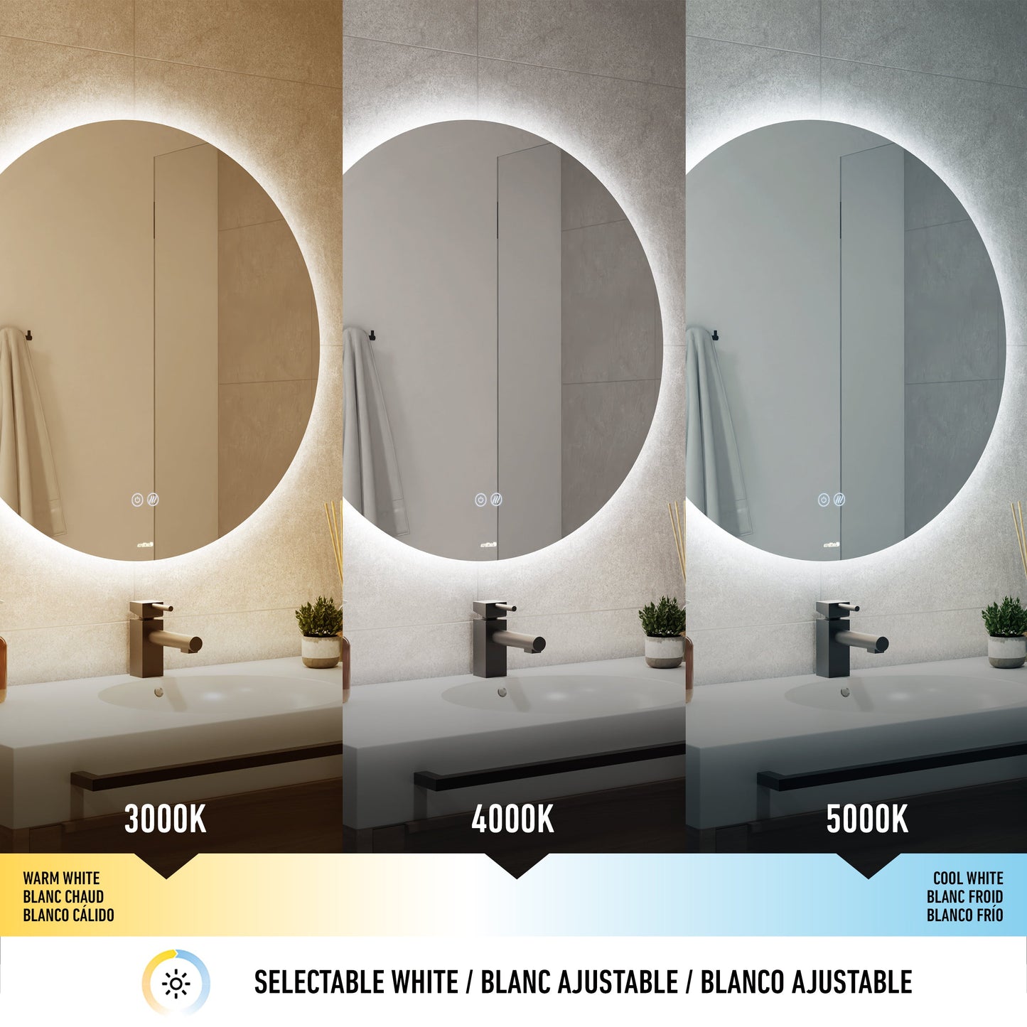 The Artika-CAN-dev Raya 24 in. LED mirror with defogger is displayed in three color temperatures: warm white (3000K), neutral white (4000K), and cool white (5000K), illuminating a modern sink and faucet.