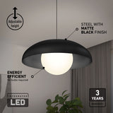 A modern pendant light with a matte black steel shade and a glowing LED bulb, hanging above a plant in a contemporary room. Text highlights adjustable height, energy efficiency, 3-year warranty, and no bulbs required.