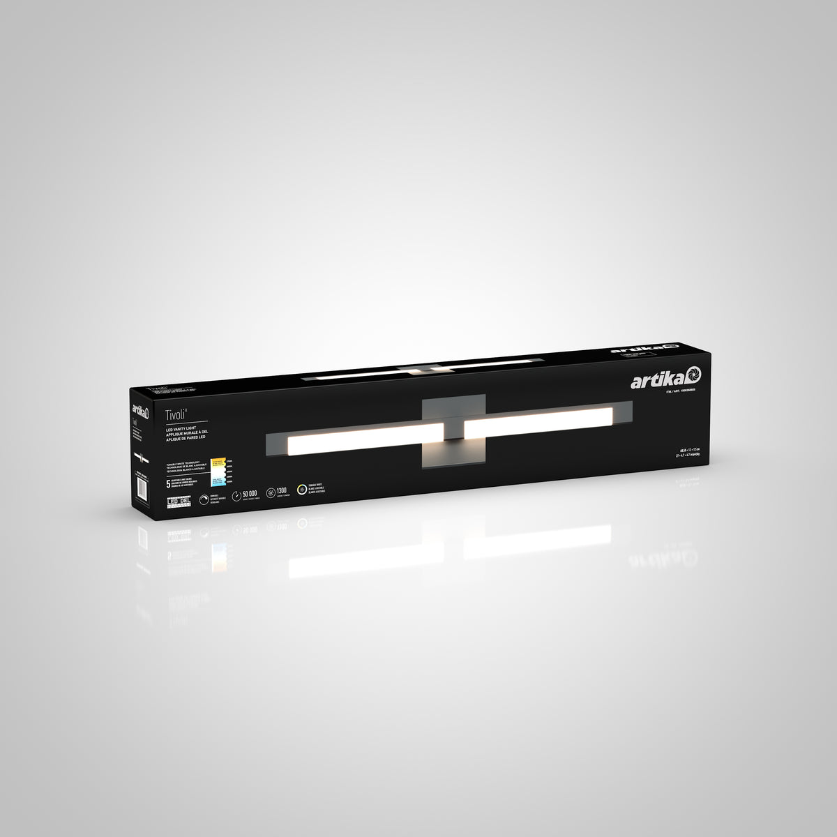 A black rectangular box with Artika branding, displaying a modern LED vanity light fixture called Timur on the front, set against a light grey gradient background.