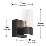 Black wall sconce with a cylindrical glass shade and visible bubbles, shown with dimensions: 12.5 cm wide, 16.6 cm tall, and 11 cm deep (4.92 in x 6.54 in x 4.33 in).