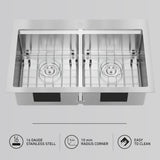 Stainless steel double bowl kitchen sink with protective grids in each basin, shown from above. Icons below indicate it is 16-gauge stainless steel, has 10 mm radius corners, and is easy to clean.