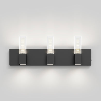 The Artika Hologram LED modern bathroom vanity light 5 CCT features a sleek black rectangular base and three square lights with clear tops, casting a soft glow—perfect for contemporary spaces.