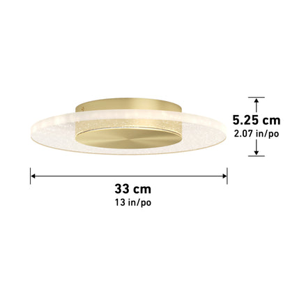The Artika-CAN-dev Essence Disk LED flush mount is a round, gold ceiling fixture with a translucent rim and integrated LEDs, measuring 33 cm (13 in) diameter and 5.25 cm (2.07 in) height. Dimensions shown with arrows and text.