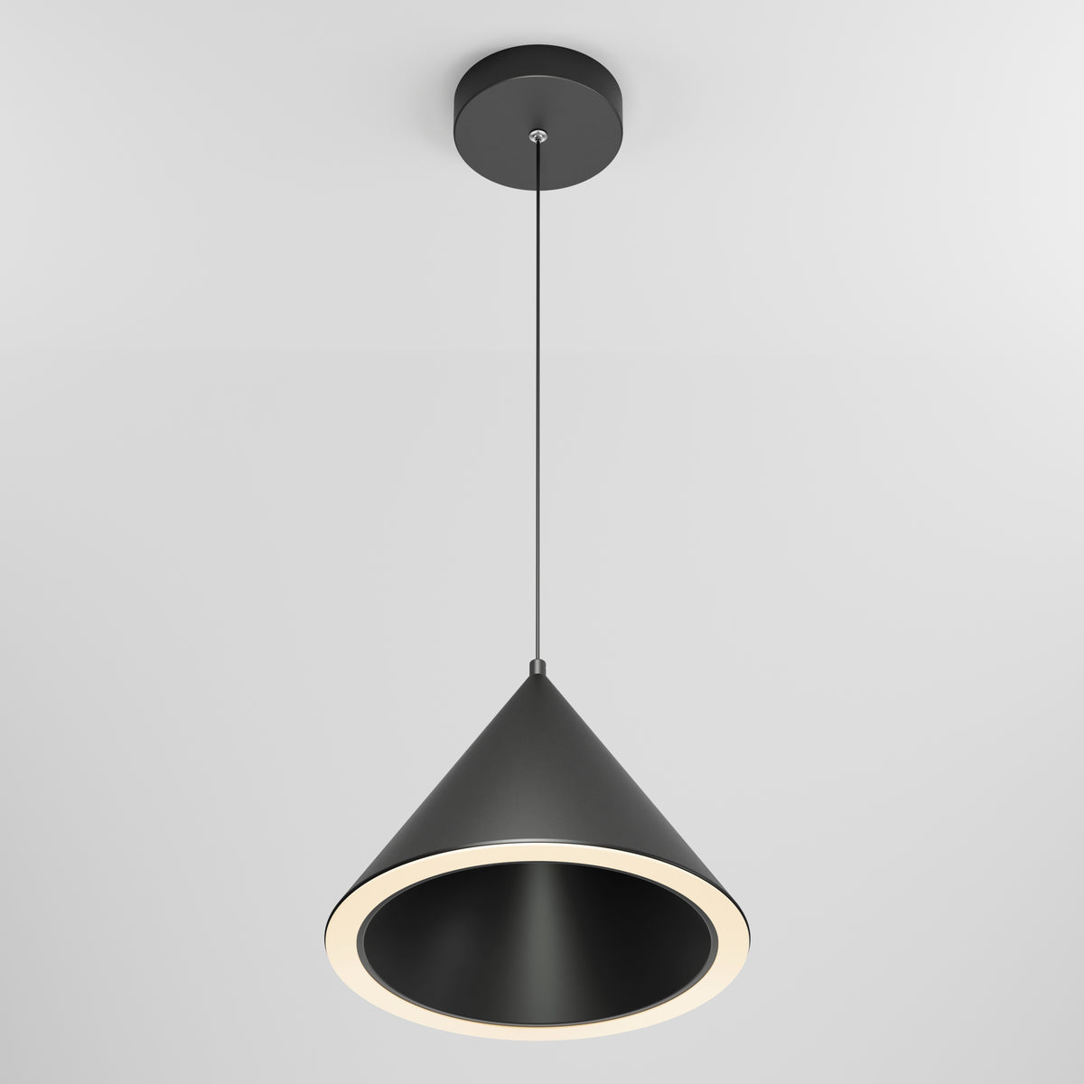 A modern black pendant light with a conical shape hangs from the ceiling by a thin cord. The inner edge of the cone glows with a circular LED light, set against a plain white background.