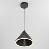A modern black pendant light with a conical shape hangs from the ceiling by a thin cord. The inner edge of the cone glows with a circular LED light, set against a plain white background.