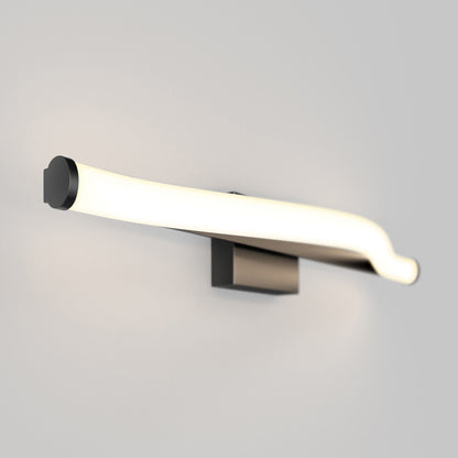 The Artika Arc modern LED bathroom vanity light 5 CCT features a curved, glowing white LED bar on a rectangular black base, wall-mounted against a plain light gray background.