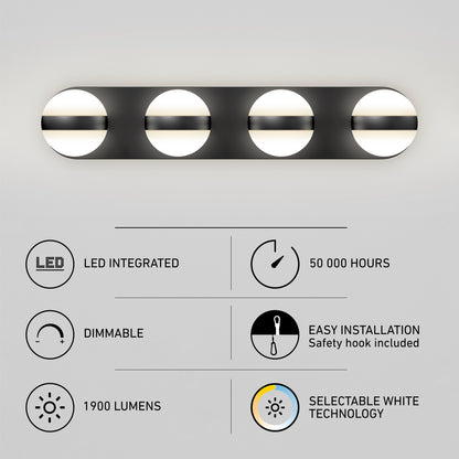 The Artika Baldric LED modern bathroom vanity light features four globes above icons and text showcasing LED integration, dimmable 1900 lumens, 50,000-hour lifespan, easy installation with safety hook, and selectable white (3 CCT) technology.