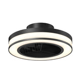 A modern black ceiling fan with integrated circular LED lighting, featuring a sleek, minimalist design and a central fan grill, set against a white background.