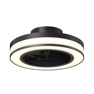 The Artika Elton 19.4 in. LED modern ceiling fan features a black body, sleek circular design, integrated LED light ring, three speeds, horizontal blades at the center, and comes with a remote control.