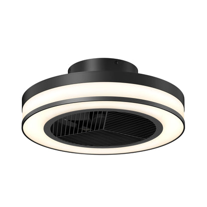 The Artika Elton 19.4 in. LED modern ceiling fan features a black body, sleek circular design, integrated LED light ring, three speeds, horizontal blades at the center, and comes with a remote control.