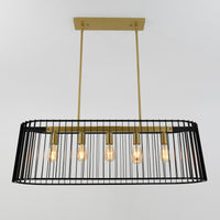 The Artika Gatsby LED pendant light features five exposed bulbs and vertical black metal bars with gold accents, suspended by two gold rods for a modern look against a white background.